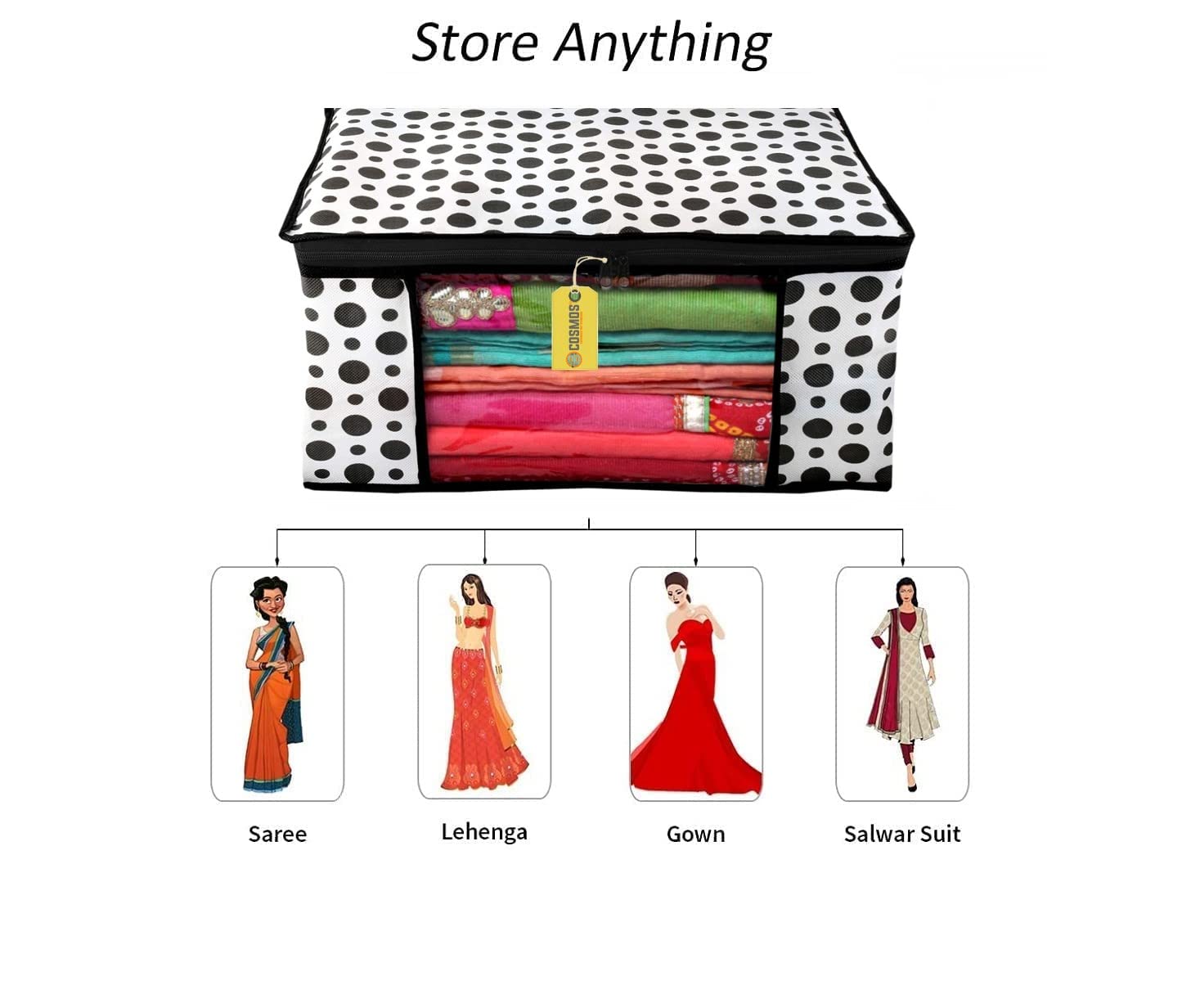 E-COSMOS Dots Design 3 Piece Non Woven Fabric Saree Cover/Clothes Organizer For Wardrobe Set with Transparent Window, Extra Large (Black & White) (Pack Of 4)