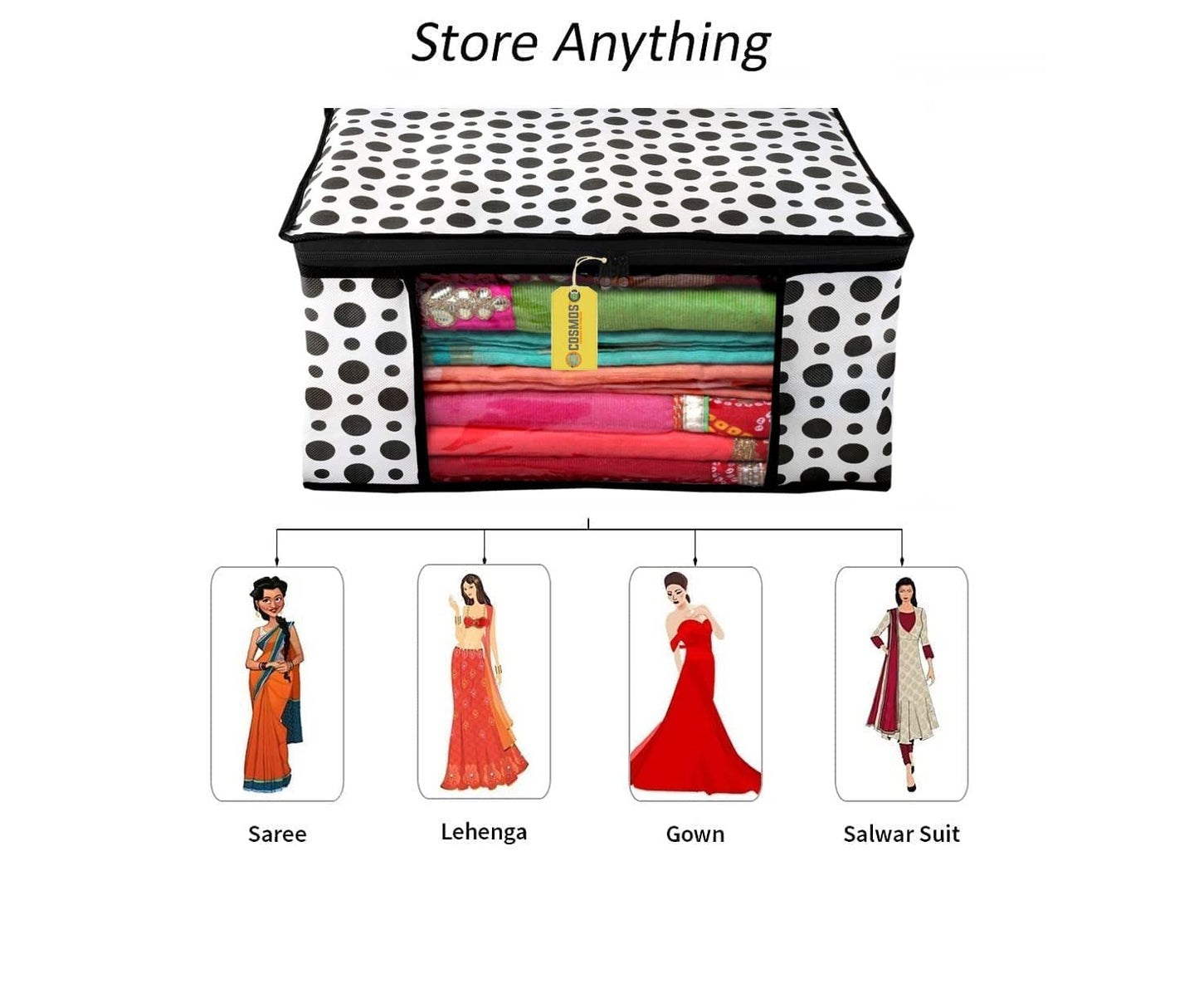 E-COSMOS Dots Design 3 Piece Non Woven Fabric Saree Cover/Clothes Organizer For Wardrobe Set with Transparent Window, Extra Large (Black & White) (Pack Of 4)