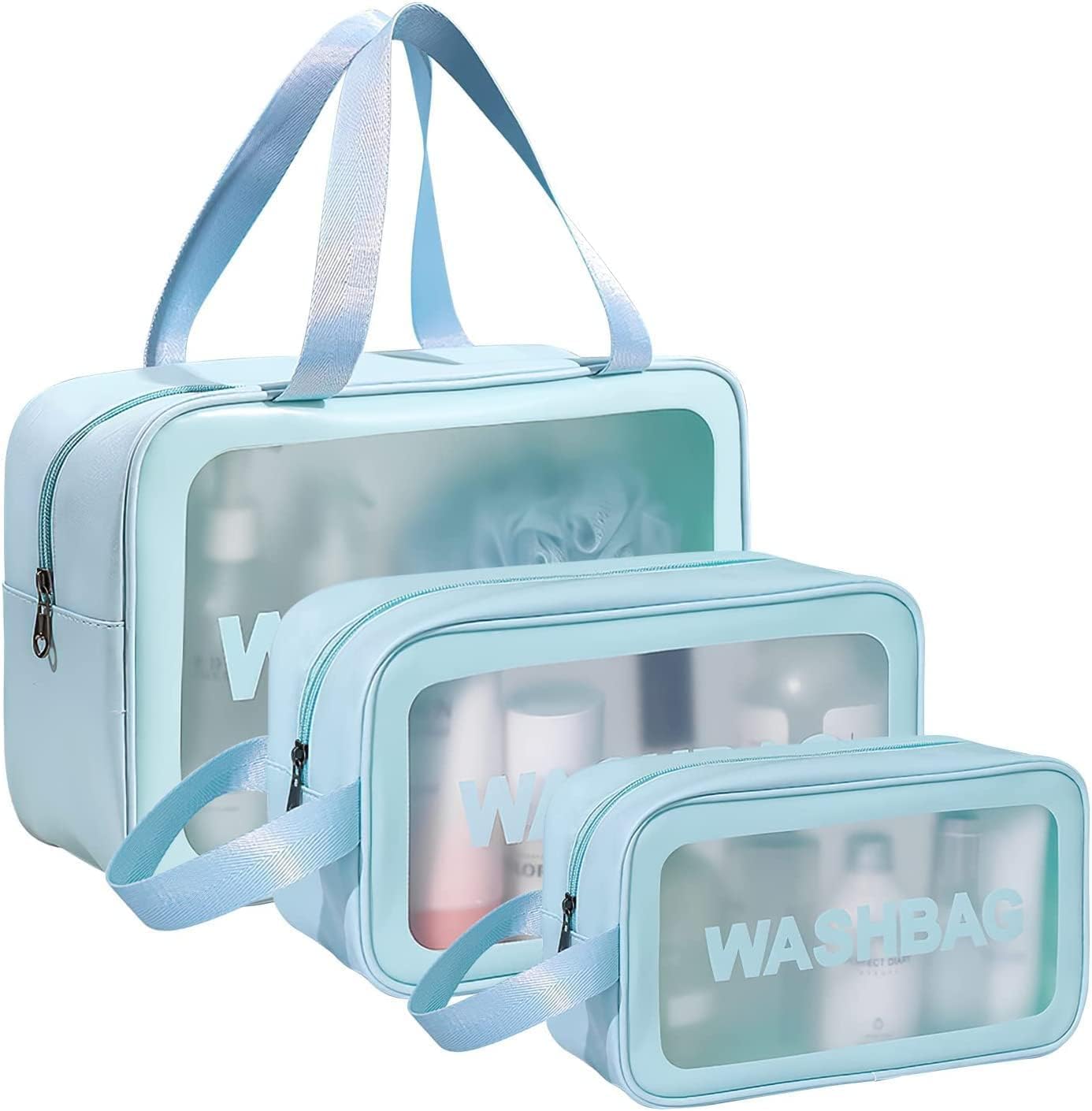 E-COSMOS Clear Makeup Pouch Set, Cosmetic Organizer Bag for Women and Girls Travel Waterproof Toiletry Storage Kit (Set of 3) (Light Pink)