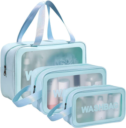 E-COSMOS Clear Makeup Pouch Set, Cosmetic Organizer Bag for Women and Girls Travel Waterproof Toiletry Storage Kit (Set of 3) (Light Pink)