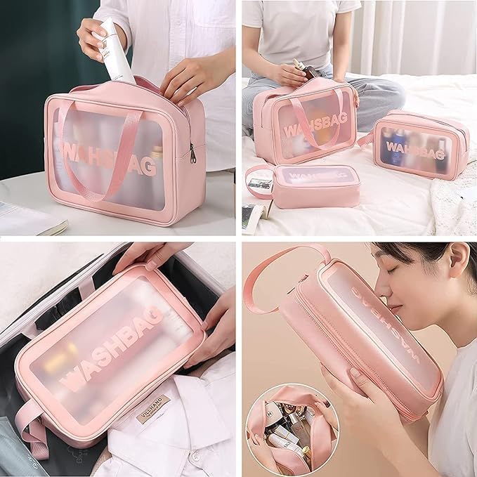E-COSMOS Clear Makeup Pouch Set, Cosmetic Organizer Bag for Women and Girls, Waterproof Storage Kit (Set of 3)