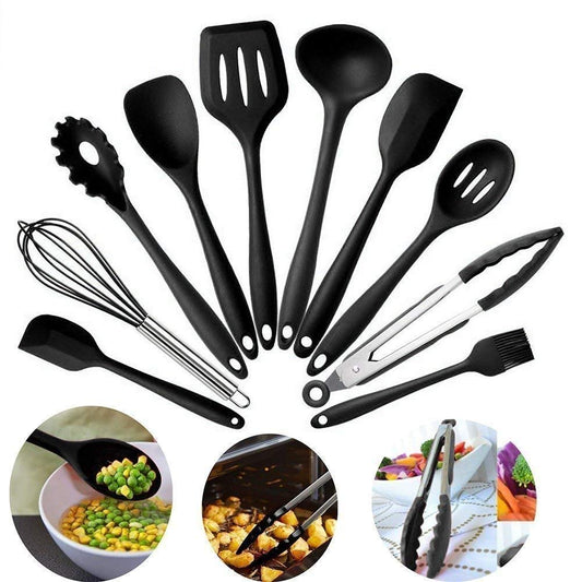 E-COSMOS Stylish Silicone Cooking & Baking Utensil Set - 12 Pcs Non-Stick Kitchen Tools with Wooden Handles - Eco-Friendly, BPA-Free & Heat Resistant (Black)