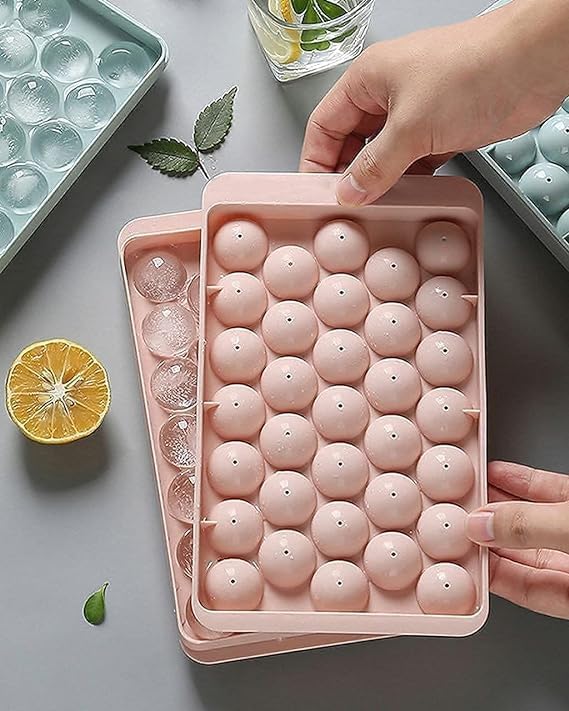 E-COSMOS Plastic Mini Round Ice Cube Tray with Lid | Ice Ball Maker for Fresh Juice, Mocktails, Whiskey, Cocktails, Tea & Coffee | 33 Cavity, Easy Release & Stackable in Freezer | Pack of 2