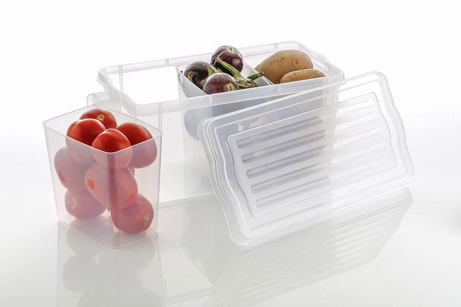 E-COSMOS Plastic Fridge Square Handle Food Storage Organizer Boxes with Lid, Handle and 3 Smaller Bins (Pack of 1, Clear)