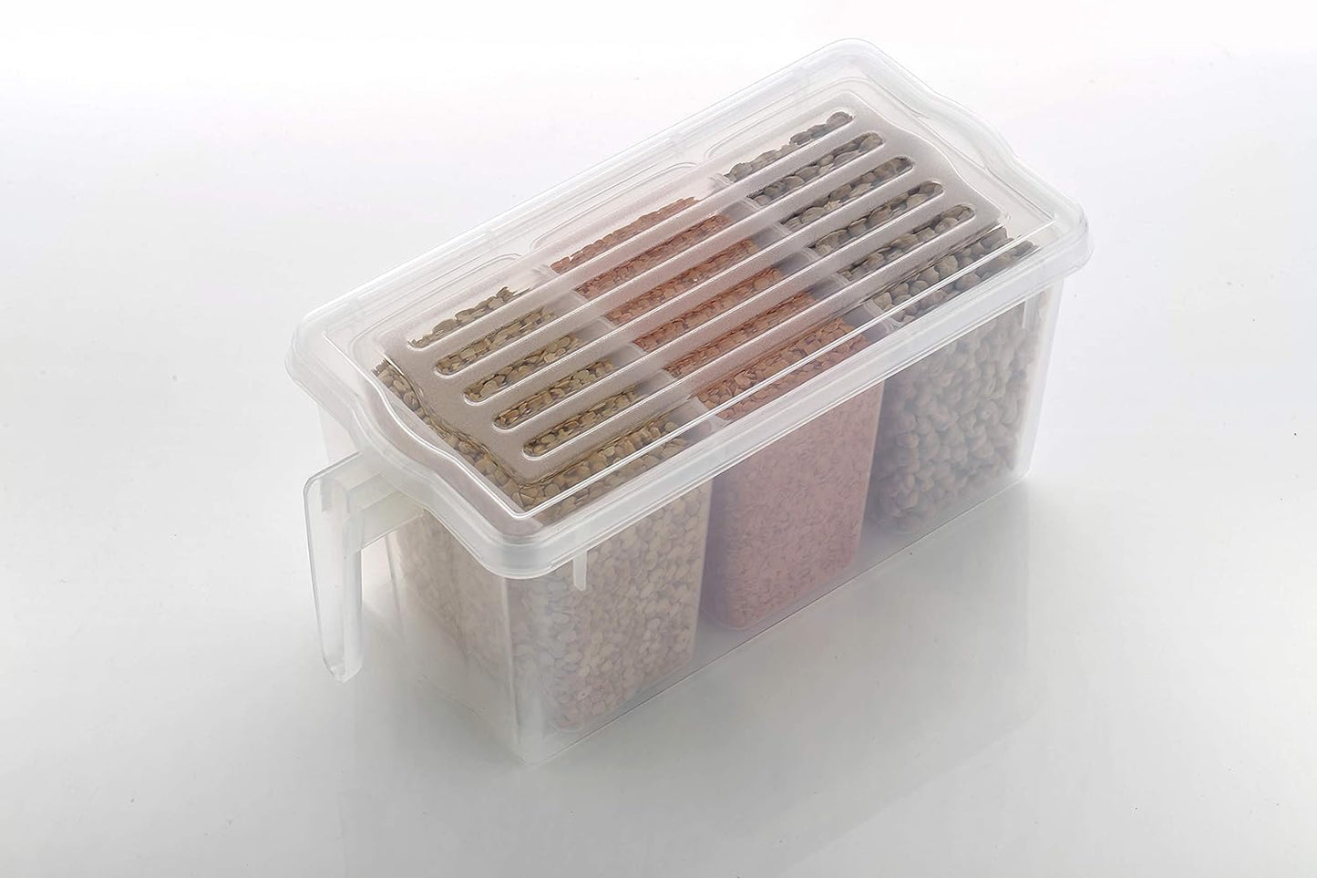 E-COSMOS Plastic Fridge Square Handle Food Storage Organizer Boxes with Lid, Handle and 3 Smaller Bins (Pack of 1, Clear)