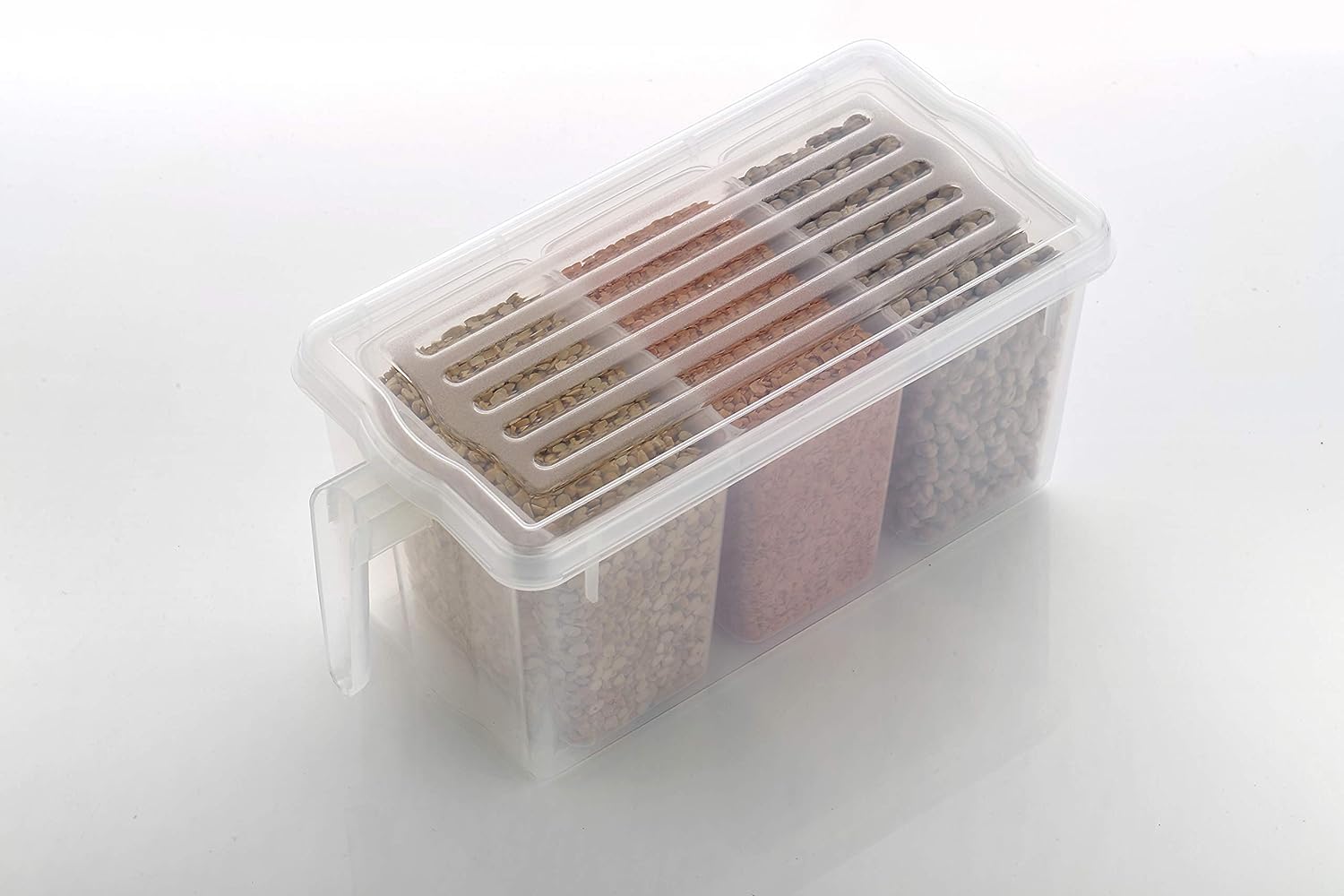 E-COSMOS Plastic Fridge Square Handle Food Storage Organizer Boxes with Lid, Handle and 3 Smaller Bins (Pack of 1, Clear)