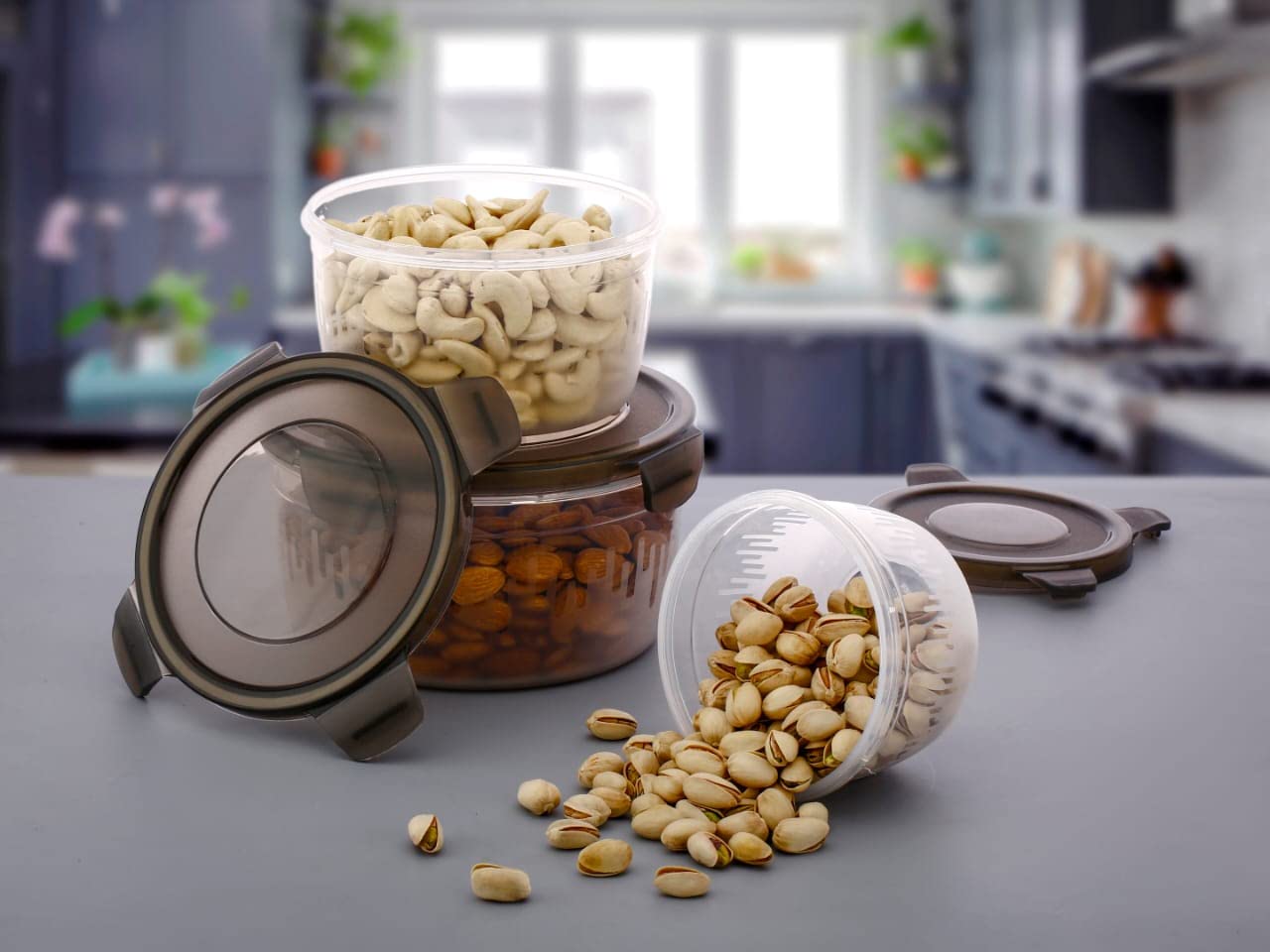E-COSMOS 3PC Plastic Food Storage Container with Airtight Lid for Kitchen Set of 3 (600ml,1200ml,1800ml) (Brown)