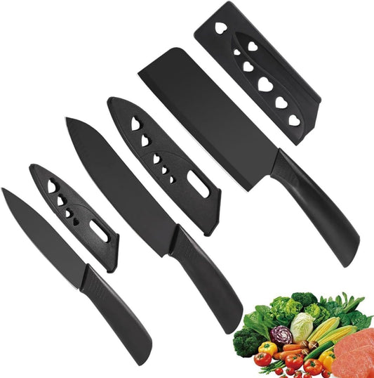E-COSMOS Stainless Steel Chef Knife Set: 3-Pieces with Sharp Blades & Ergonomic Design for Effortless Cutting in Kitchen & Dining with Cap (Black)