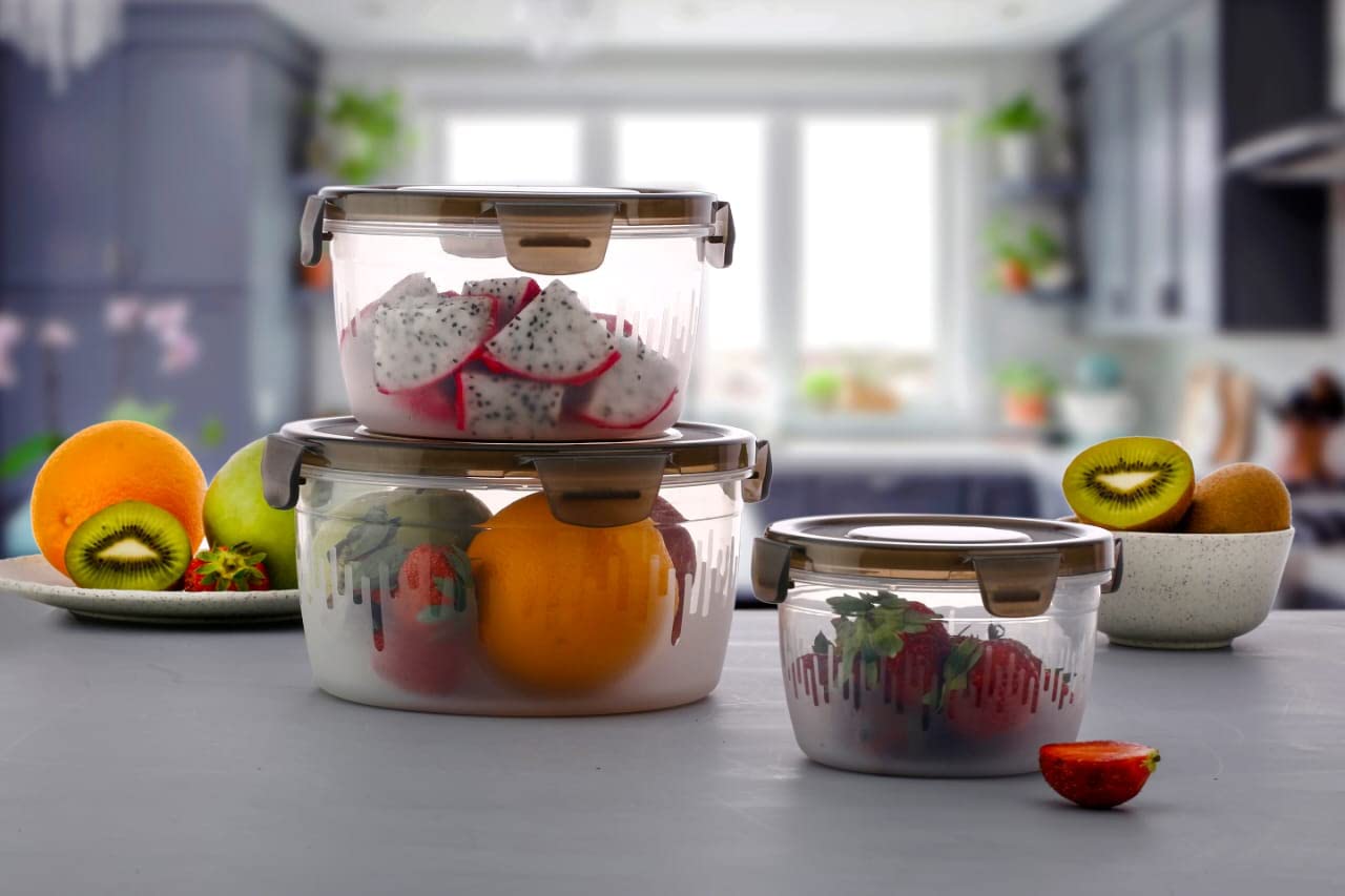 E-COSMOS 3PC Plastic Food Storage Container with Airtight Lid for Kitchen Set of 3 (600ml,1200ml,1800ml) (Brown)