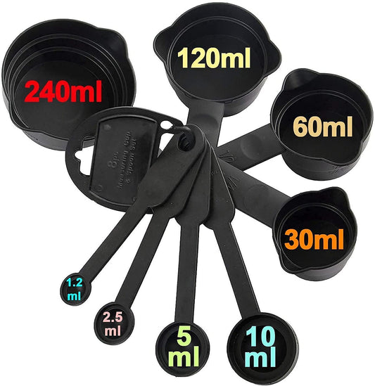 E-COSMOS Plastic Measuring Spoon and Cup Set, 8-Pieces (Black, Pack of 1), Mix Size (EC-Cup-Black)