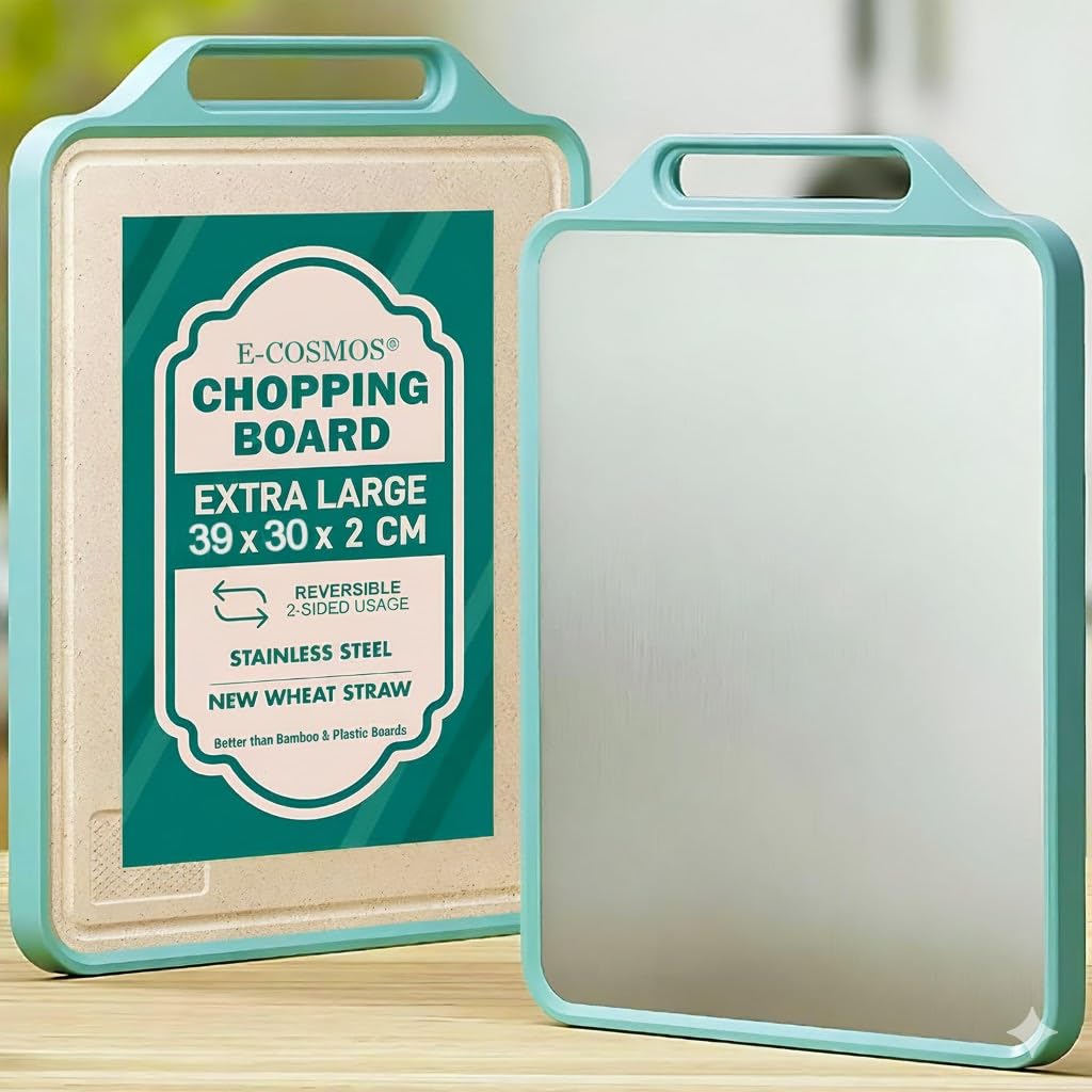 E-COSMOS® Reversible 2-in-1 Chopping Board, 304 Stainless Steel & Wheat Straw Double-Sided Cutting Board for Kitchen, Heavy Duty Extra Large 39x30 cm, Ideal for Meat, Vegetables & Fruit