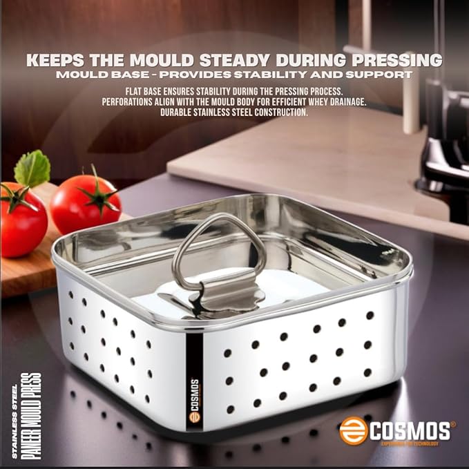 E-COSMOS® Stainless Steel Paneer Maker - Square Mould Press for Fresh Paneer, Tofu & Sprouts | 450ml Kitchen Essential (Square, 450ml)