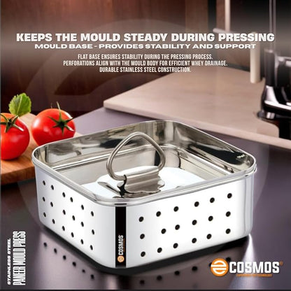 E-COSMOS® Stainless Steel Paneer Maker - Square Mould Press for Fresh Paneer, Tofu & Sprouts | 450ml Kitchen Essential (Square, 450ml)