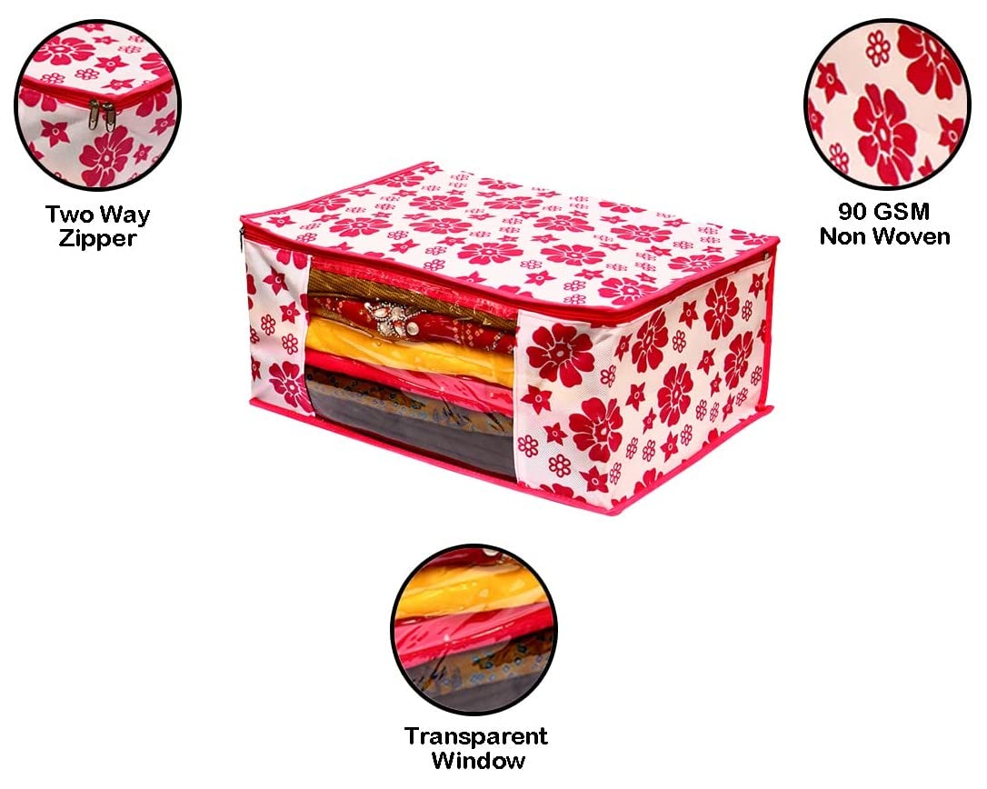 E-COSMOS Flower Design 6 Piece Non Woven Fabric Saree Cover Set with Transparent Window, Extra Large, Pink (Pack of 12)