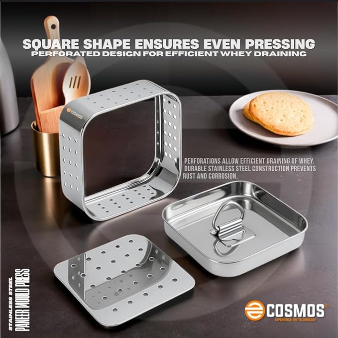E-COSMOS® Stainless Steel Paneer Maker - Square Mould Press for Fresh Paneer, Tofu & Sprouts | 450ml Kitchen Essential (Square, 450ml)