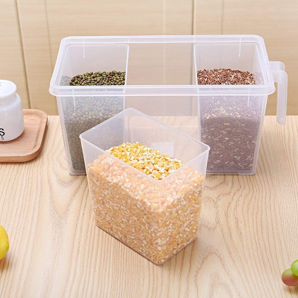 E-COSMOS Plastic Fridge Square Handle Food Storage Organizer Boxes with Lid, Handle and 3 Smaller Bins (Pack of 1, Clear)