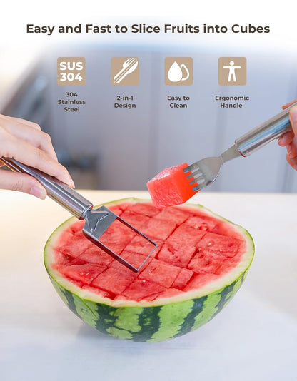 E-COSMOS 2 Pack Watermelon Fork Cutter Slicer Tool, 2-in-1 Stainless Steel Fruit Cutter Melon Slicer Cutter Tool, Watermelon Cutting Tool for Home Party Camping Kitchen Gadget (Pack of 2)