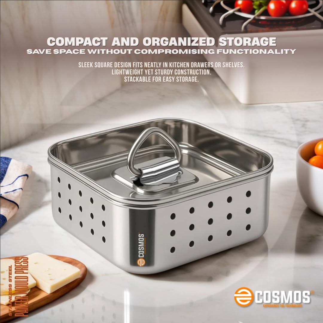 E-COSMOS® Stainless Steel Paneer Maker - Square Mould Press for Fresh Paneer, Tofu & Sprouts | 450ml Kitchen Essential (Square, 450ml)
