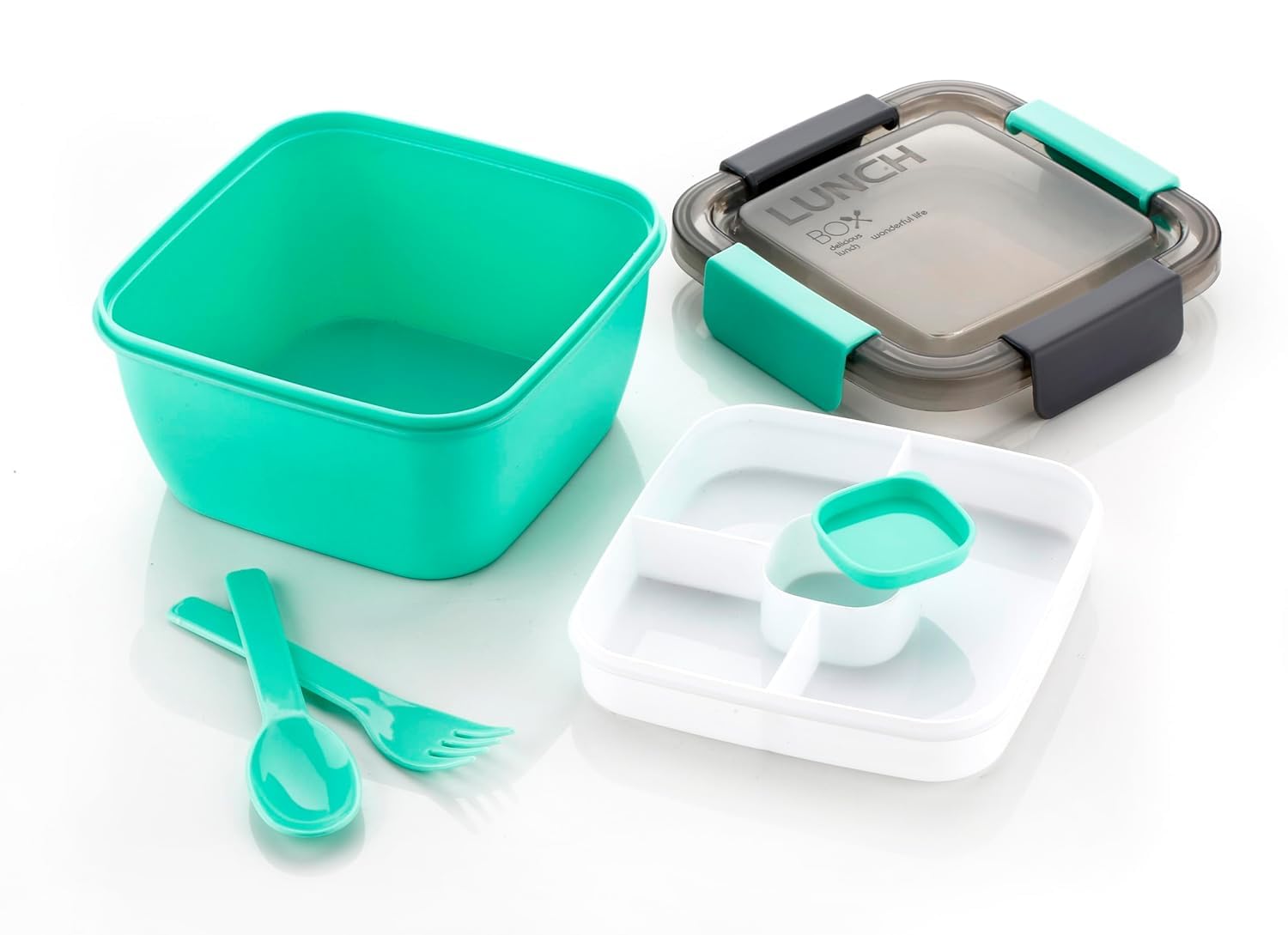 E-COSMOS Square Lunch Box Comes with 2 Compartment, 2 Spolons & BPA Free Plastic Material, Perfect for School, Office, Outdoor,Suitable for Kids and Adults, (Sea Green Color) (1400Ml)