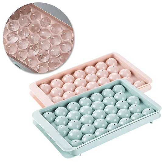 E-COSMOS Plastic Mini Round Ice Cube Tray with Lid | Ice Ball Maker for Fresh Juice, Mocktails, Whiskey, Cocktails, Tea & Coffee | 33 Cavity, Easy Release & Stackable in Freezer | Pack of 2