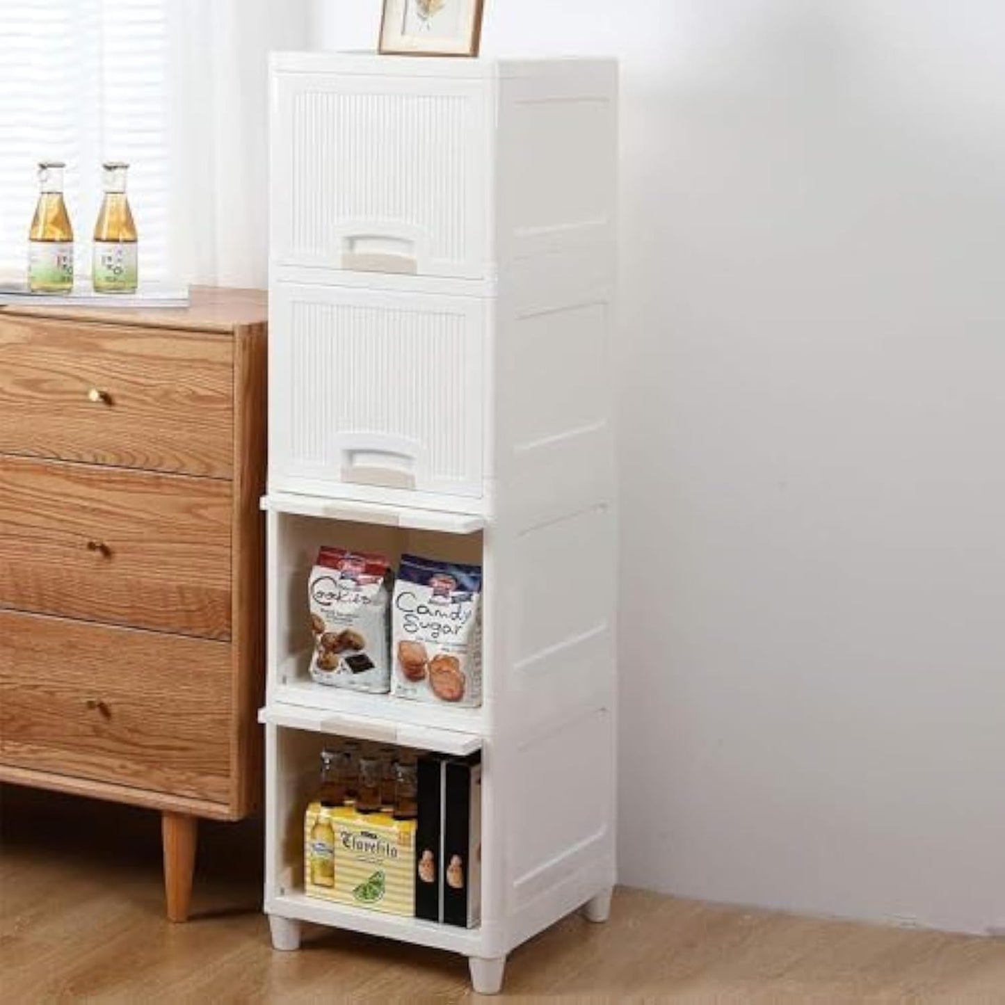 E-COSMOS 6 Units Plastic Cupboard for Clothes Plastic Cabinet for Storage Foldable Wardrobe for Plastic Rack for Clothes Storage Cabinet Plastic Modular Drawer Storage Box,White (6 Layer)