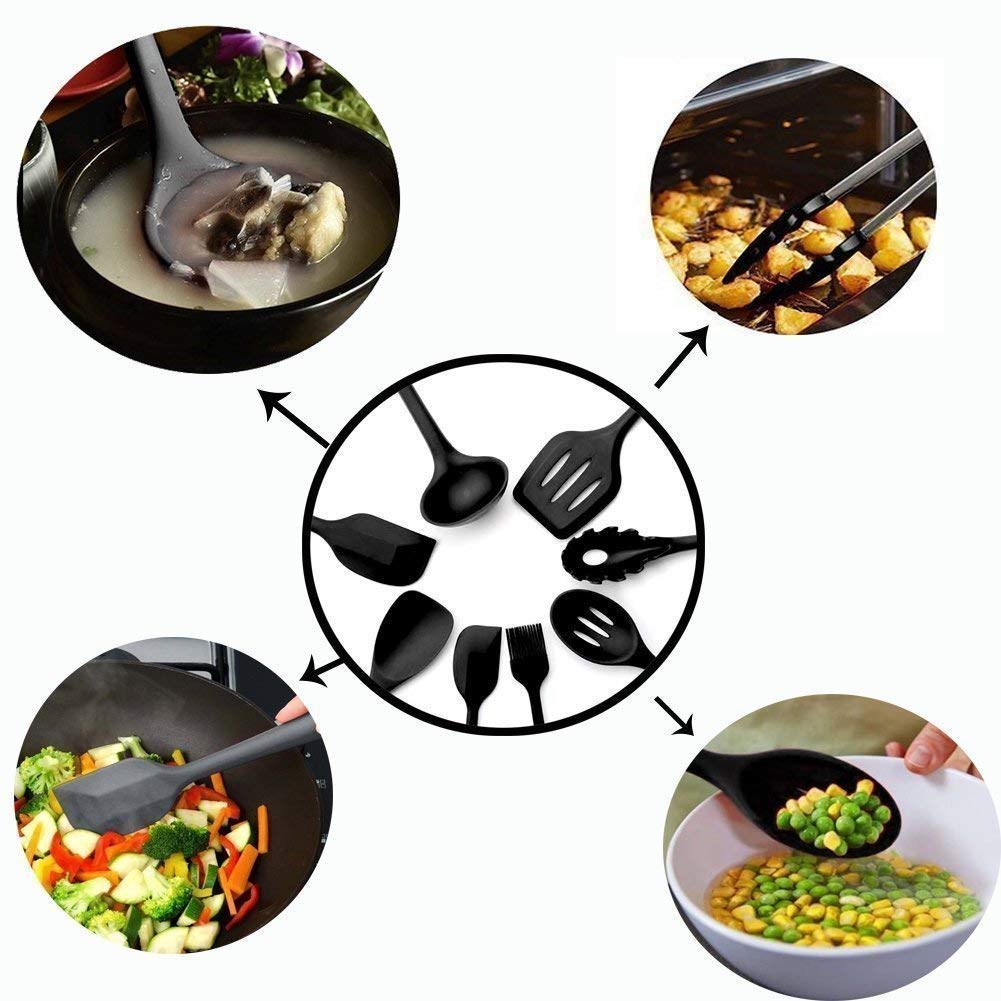 E-COSMOS Stylish Silicone Cooking & Baking Utensil Set - 12 Pcs Non-Stick Kitchen Tools with Wooden Handles - Eco-Friendly, BPA-Free & Heat Resistant (Black)