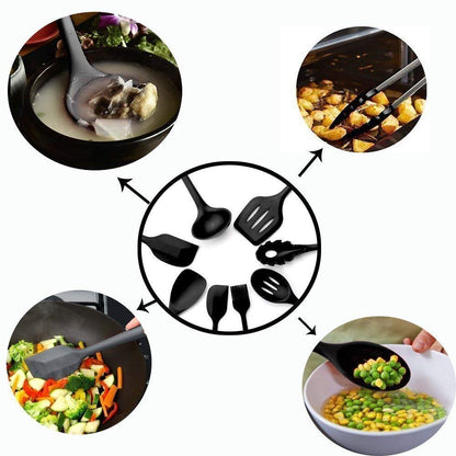 E-COSMOS Stylish Silicone Cooking & Baking Utensil Set - 12 Pcs Non-Stick Kitchen Tools with Wooden Handles - Eco-Friendly, BPA-Free & Heat Resistant (Black)