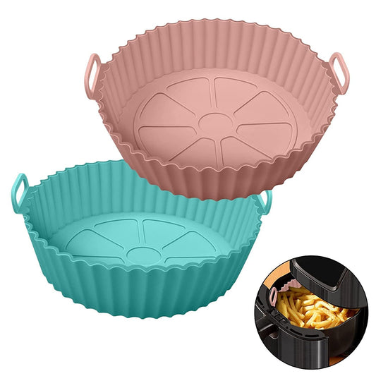 E-COSMOS Nonstick Round Silicone Air Fryer Liners - Reusable Baking Tray with Ear Handles, 8 Inch Multicolor, Perfect for Easy Cooking & Cleanup - Multicolor (8 inch, Pack of 2)
