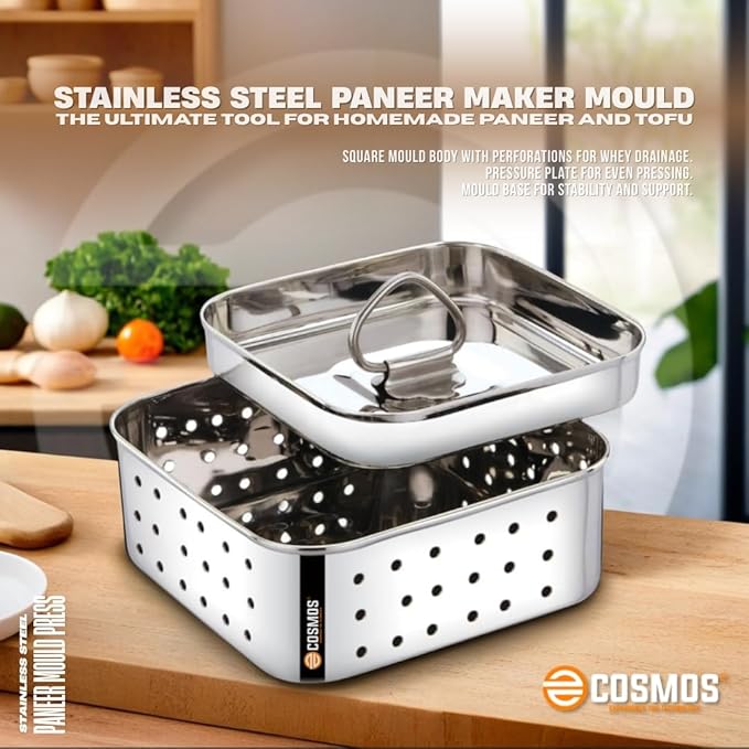 E-COSMOS® Stainless Steel Paneer Maker - Square Mould Press for Fresh Paneer, Tofu & Sprouts | 450ml Kitchen Essential (Square, 450ml)