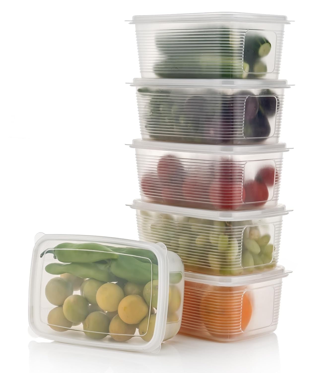 E-COSMOS Fridge Storage Boxes Pack Of 6 With Removable Drain Plate And Airtight Lid | Stackable Plastic Fridge Storage Containers Keeps Fruits, Vegetables, Meat, Fish Fresh Longer, 1500 Ml