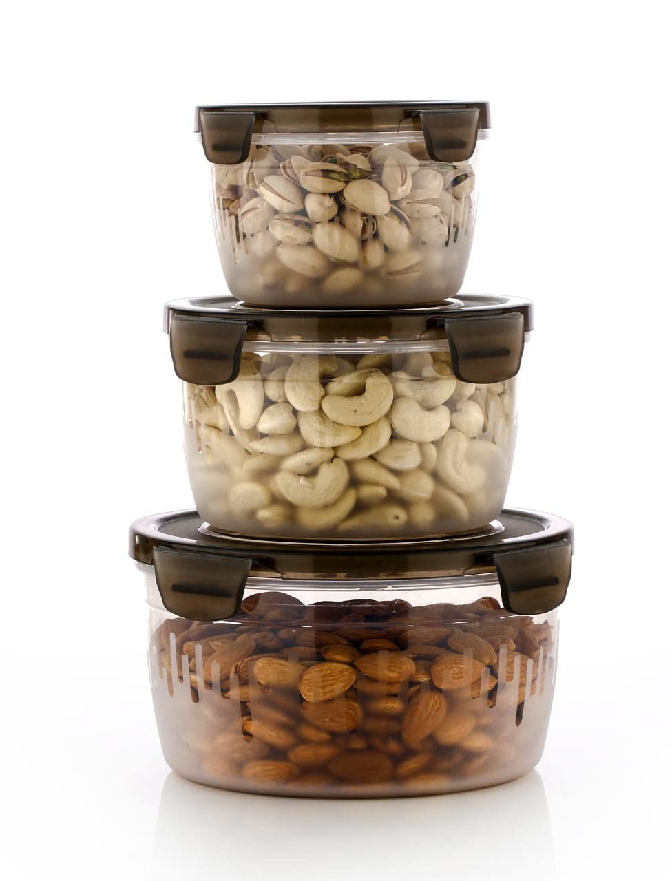 E-COSMOS 3PC Plastic Food Storage Container with Airtight Lid for Kitchen Set of 3 (600ml,1200ml,1800ml) (Brown)