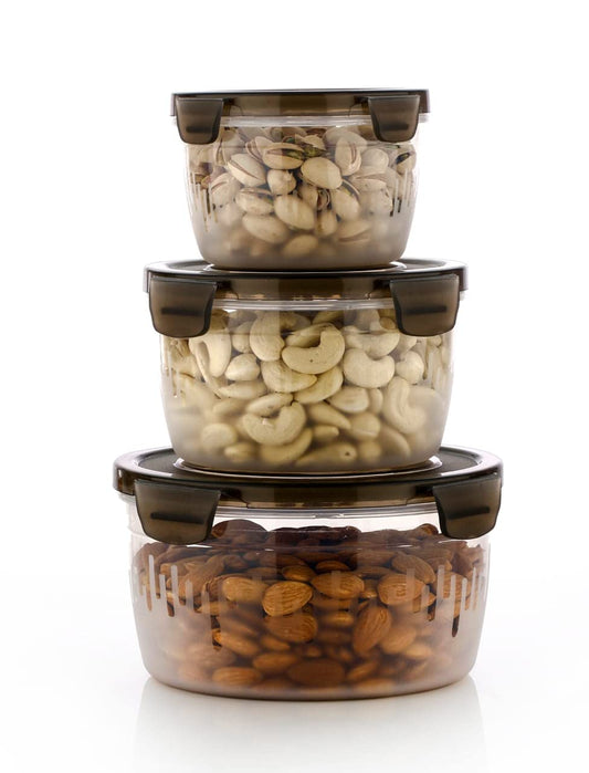 E-COSMOS 3PC Plastic Food Storage Container with Airtight Lid for Kitchen Set of 3 (600ml,1200ml,1800ml) (Brown)