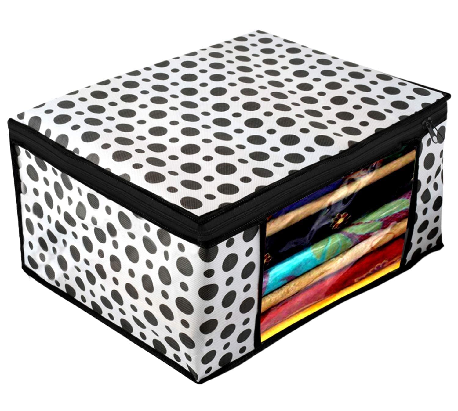 E-COSMOS Dots Design 3 Piece Non Woven Fabric Saree Cover/Clothes Organizer For Wardrobe Set with Transparent Window, Extra Large (Black & White) (Pack Of 4)