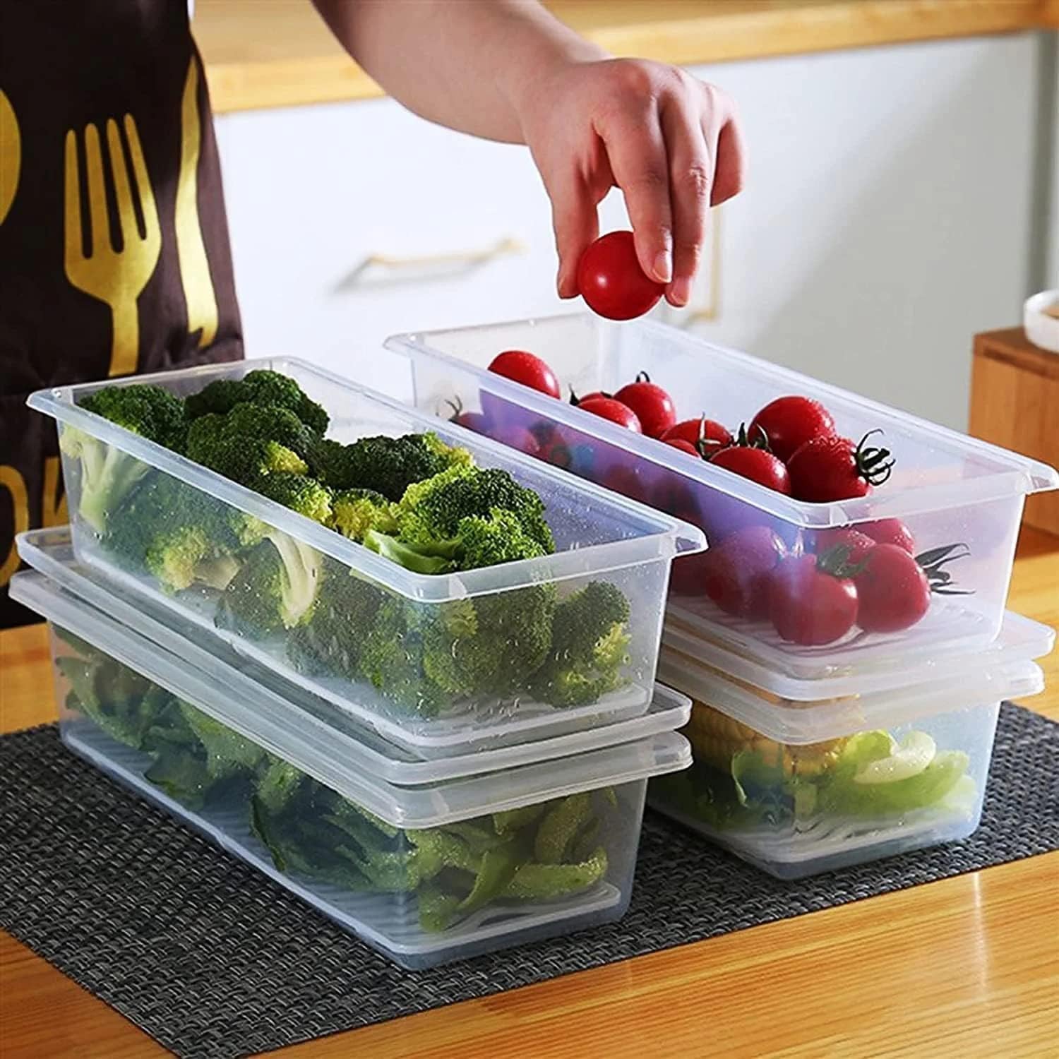 E-COSMOS Fridge Storage Boxes Pack Of 6 With Removable Drain Plate And Airtight Lid | Stackable Plastic Fridge Storage Containers Keeps Fruits, Vegetables, Meat, Fish Fresh Longer, 1500 Ml