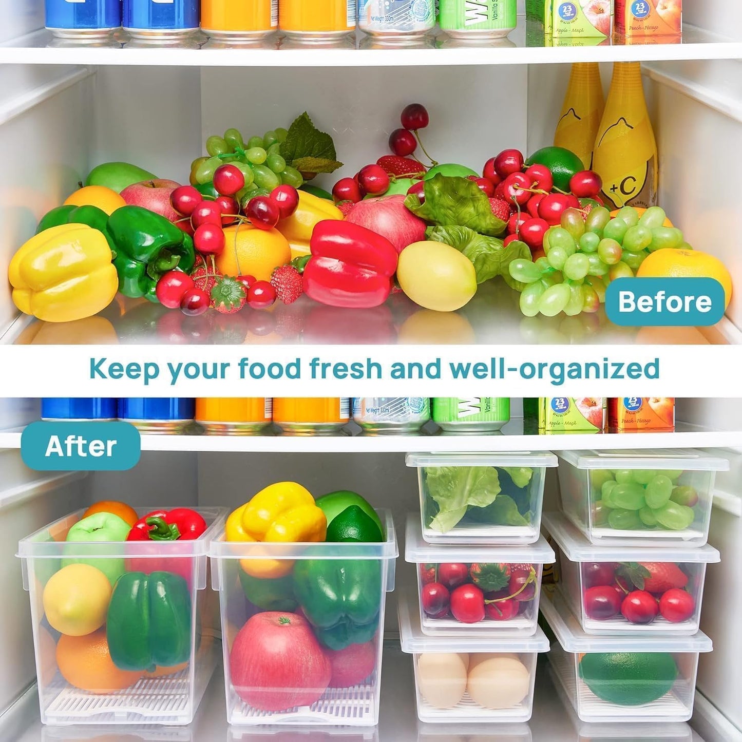 E-COSMOS Fridge Storage Boxes Pack Of 6 With Removable Drain Plate And Airtight Lid | Stackable Plastic Fridge Storage Containers Keeps Fruits, Vegetables, Meat, Fish Fresh Longer, 1500 Ml