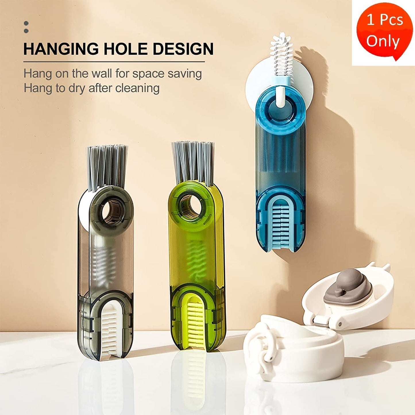 E-COSMOS 3 in 1 Cup Lid Gap Cleaning Brush Set, Multifunctional Insulation Bottle Cleaning Tools, Mutipurpose Tiny Silicone Cup Holder Cleaner, Home Kitchen Cleaning Kitchen Tools (1PC,Multicolor)