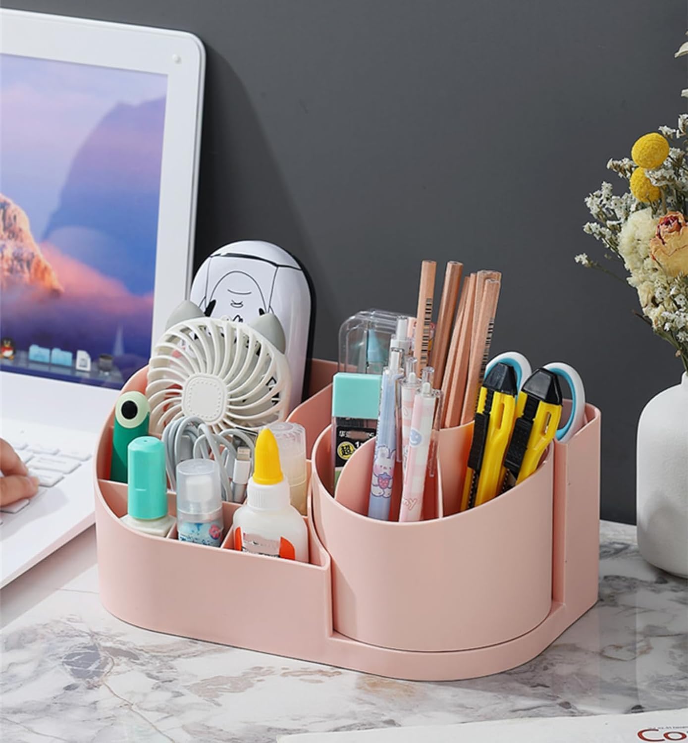 E-COSMOS 360 Degree Rotating Desk Makeup Brush Organizers and Pencil Pen Organizers for Desk Desktop Storage Stationery Supplies Cute Pencil Cup Pot for Office School Home (Peach).