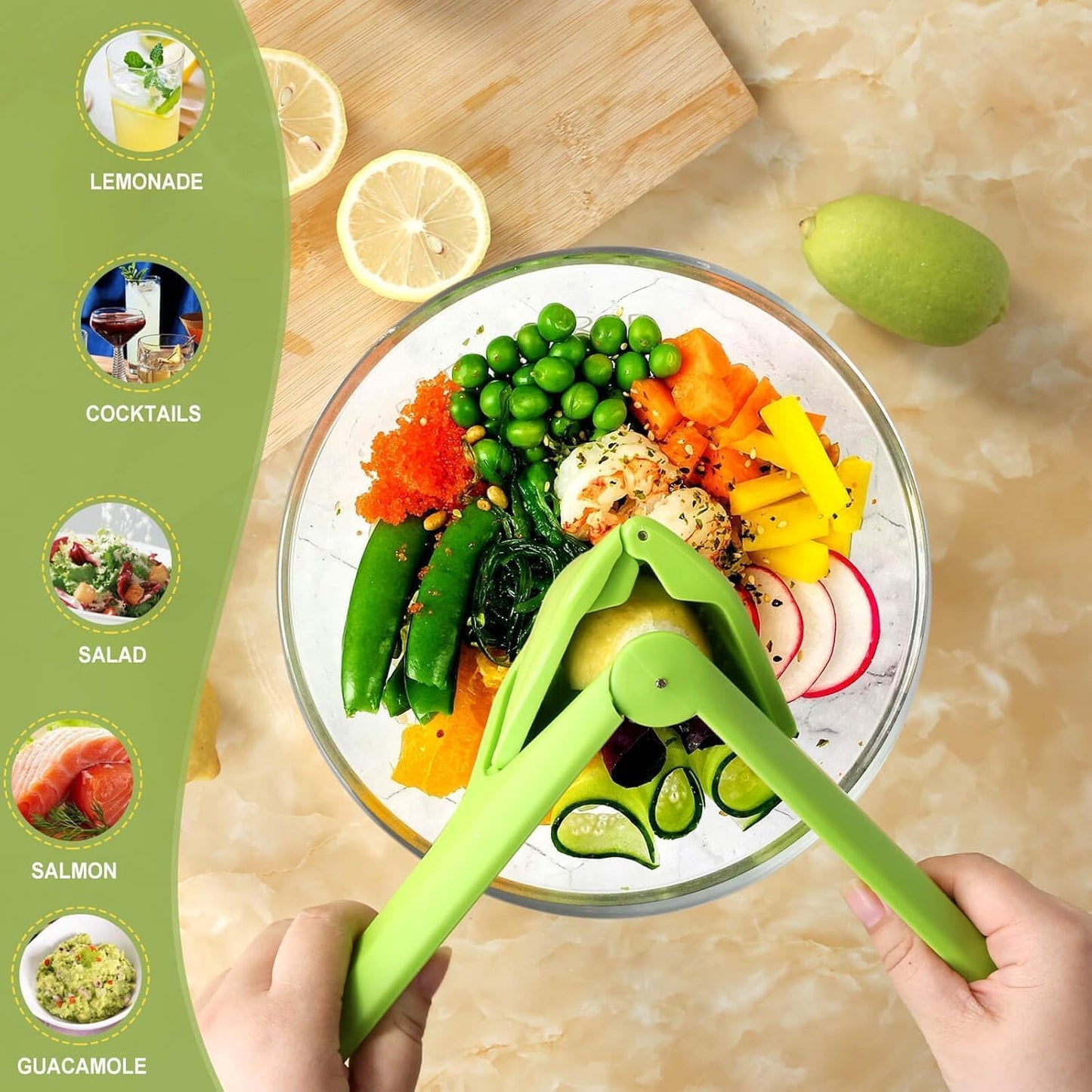 E-COSMOS Hand Press Juicer Machine | Lemon Squeezer With Sideways Pivot to Increase Leverage + Reduce Effort Needed (Green) (Handy Juicer)