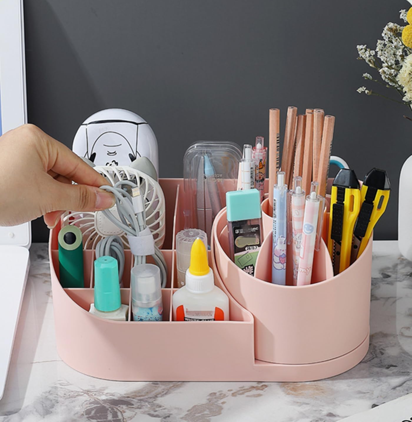 E-COSMOS 360 Degree Rotating Desk Makeup Brush Organizers and Pencil Pen Organizers for Desk Desktop Storage Stationery Supplies Cute Pencil Cup Pot for Office School Home (Peach).