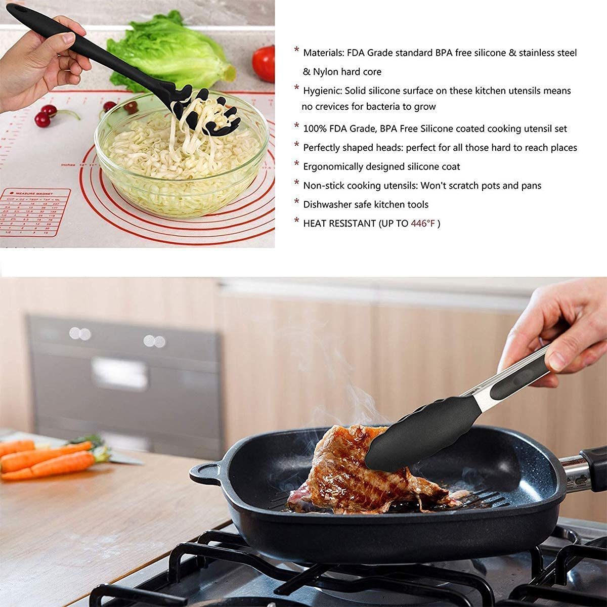 E-COSMOS Stylish Silicone Cooking & Baking Utensil Set - 12 Pcs Non-Stick Kitchen Tools with Wooden Handles - Eco-Friendly, BPA-Free & Heat Resistant (Black)