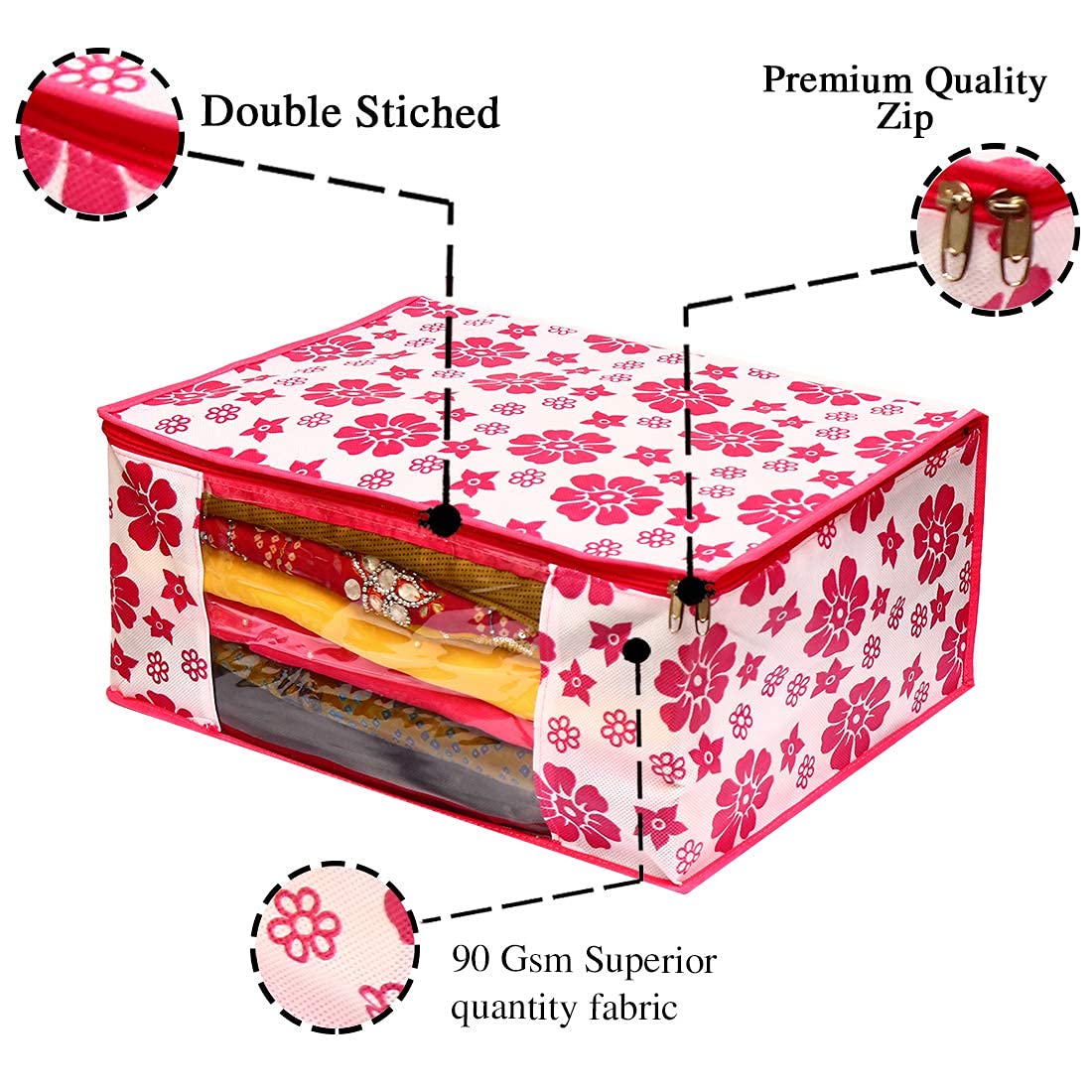 E-COSMOS Flower Design 6 Piece Non Woven Fabric Saree Cover Set with Transparent Window, Extra Large, Pink (Pack of 12)