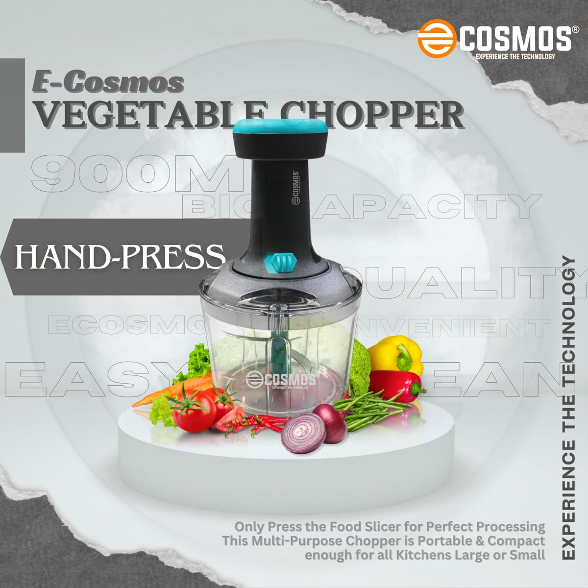 E-COSMOS® Manual Food Chopper, 900ml Hand-Press Vegetable Cutter & Mixer with 4 Stainless Steel Blades, Ideal for Onions, Salads, and Potatoes, Ocean Blue (Ocean Blue)