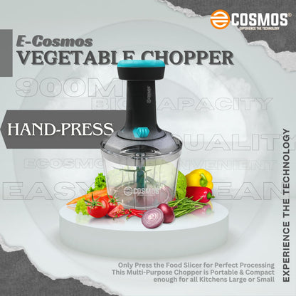 E-COSMOS® Manual Food Chopper, 900ml Hand-Press Vegetable Cutter & Mixer with 4 Stainless Steel Blades, Ideal for Onions, Salads, and Potatoes, Ocean Blue (Ocean Blue)