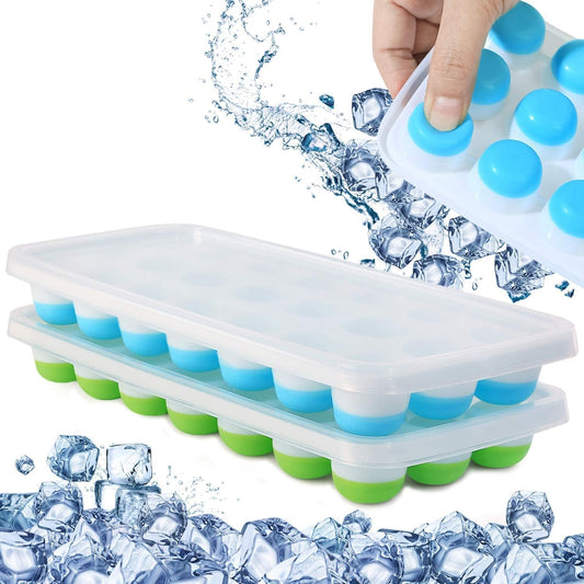 E-COSMOS Flexible Silicone Ice Cube Trays (2 Pack) - 21 Cavity Design with Lid, Stackable & Easy Release, Food Grade, BPA-Free for Freezing Drinks - Blue & Green