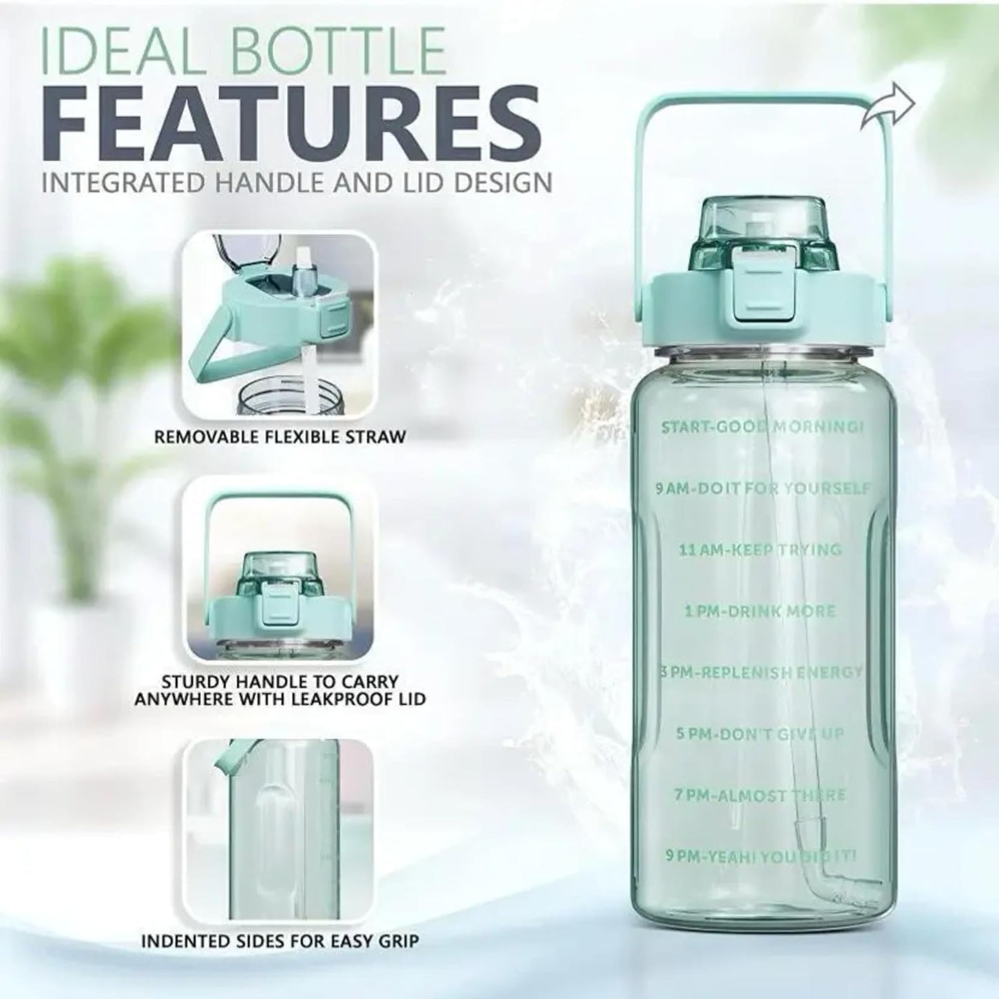 E-COSMOS 2L Capacity Belt Straw Transparent Motivational Water Bottle