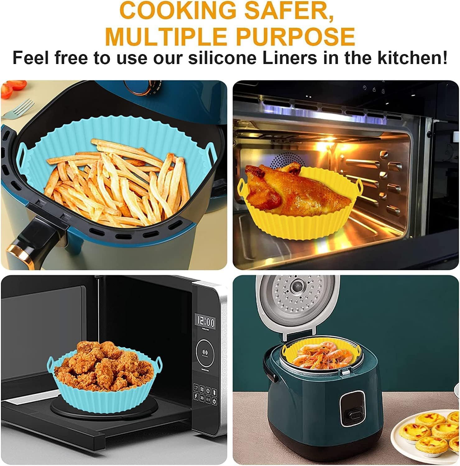 E-COSMOS Nonstick Round Silicone Air Fryer Liners - Reusable Baking Tray with Ear Handles, 8 Inch Multicolor, Perfect for Easy Cooking & Cleanup - Multicolor (8 inch, Pack of 2)