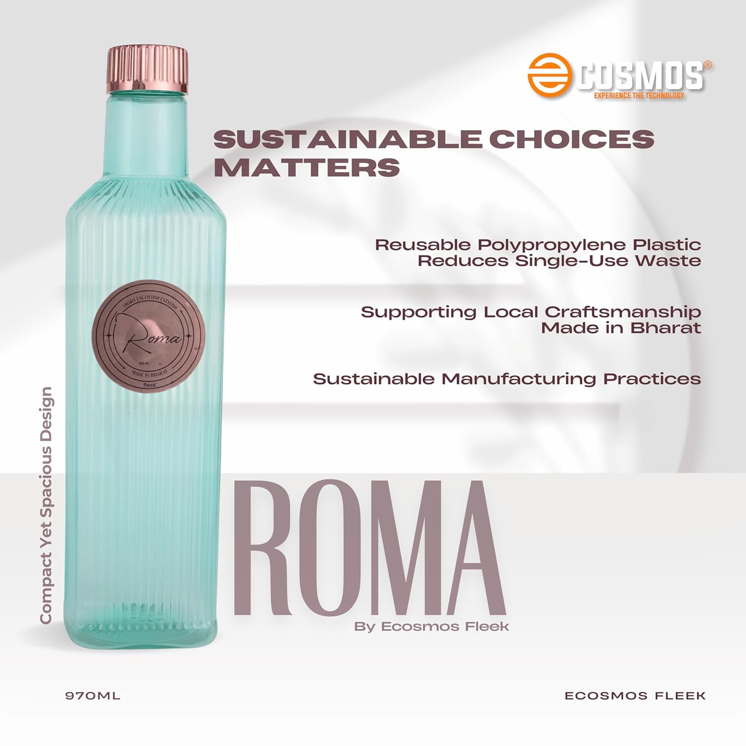 E-COSMOS 970ml Water Bottle - Reusable BPA-Free Fridge Bottle, Durable & Leak Proof for Travel & Work (Roma) (Assorted) POF 1