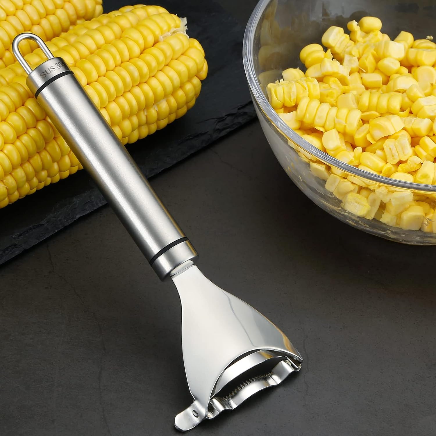 E-COSMOS Stainless Steel Corn Peeler - Cob Stripper Tool Thresher Removes Kernels in Seconds - Kitchen Gadget