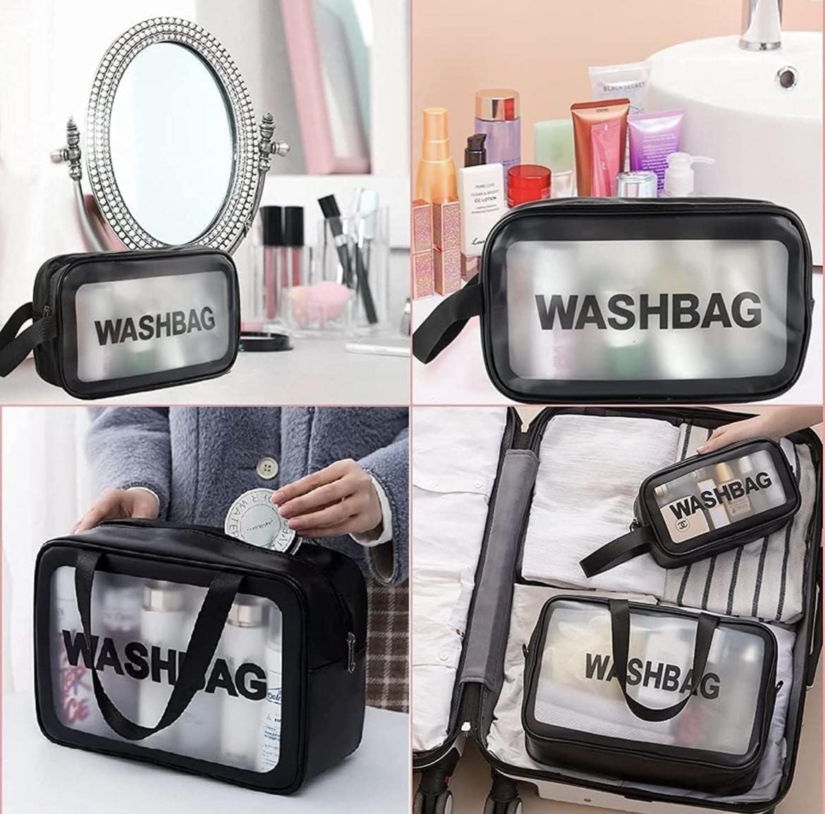 E-COSMOS Clear Makeup Pouch Set, Cosmetic Organizer Bag for Women and Girls, Waterproof Storage Kit (Set of 3)