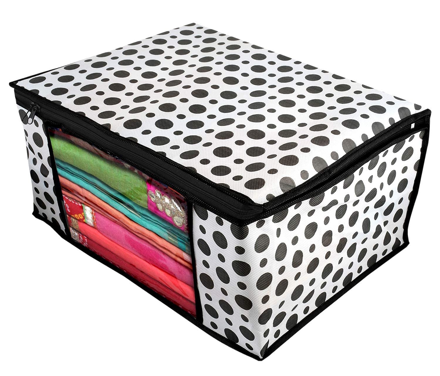E-COSMOS Dots Design 3 Piece Non Woven Fabric Saree Cover/Clothes Organizer For Wardrobe Set with Transparent Window, Extra Large (Black & White) (Pack Of 4)